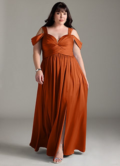 Azazie Lianne Bridesmaid Dresses Burnt Orange A-Line Off the Shoulder Stretch Satin Dress image16