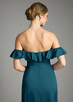 Azazie Lyra Bridesmaid Dresses Ink Blue A-Line Off the Shoulder Stretch Satin Convertible Dress image9