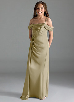 Azazie Amyra Junior Moss Green Sheath Off the Shoulder Stretch Satin Dress image4
