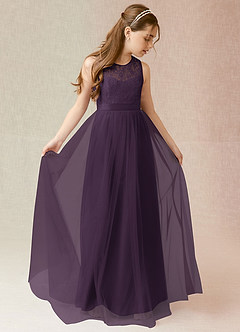Azazie Georgette Junior Plum A-Line Lace Tulle Dress image1