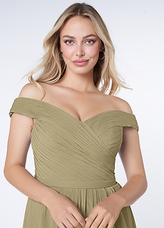 Azazie Audrianna 신부 들러리 드레스 A라인 오프 더 숄더 쉬폰 바닥 길이 드레스 image5