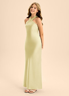 Azazie Doretta Junior Lemon Sorbet A-Line Pleated Stretch Satin Dress image3