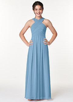 Azazie Kaleigh Junior Steel Blue A-Line Pleated Chiffon Dress image1