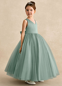 Azazie Peanut Flower Girl Dresses Silver Sage A-Line Strap Tulle Dress image2