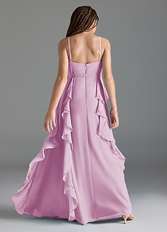 Azazie Peyton Junior Vestido de Rosa Caramelo de Gasa de Corte En A con Volantes en cascada Cuello en V image5