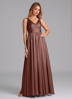 Azazie Keyla Bridesmaid Dresses Espresso A-Line Pleated Stretch Satin Dress image5