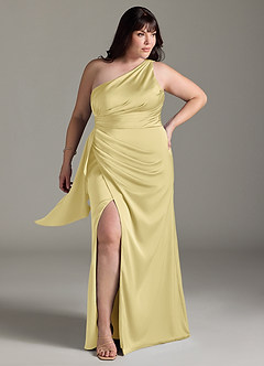 Azazie Maive Robes de demoiselle d'honneur Robe Fourreau en Satin extensible Rayé Sorbet Citron image6