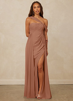 Christian Siriano Bridal for Azazie 1014 Bridesmaid Dresses Bronzer A-Line Off the Shoulder Chiffon Dress image1