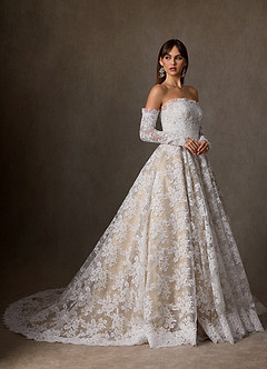 Azazie Hinata 웨딩드레스 볼가운 스트랩리스 레이스 채플 트레인 드레스 image4