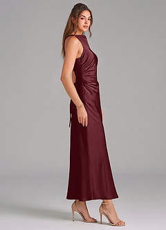 Azazie Evadne Vestidos de damas de honor Vestido de Cabernet de Satén Elástico de Corte Recto con Plisado image4