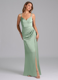 Azazie Leo Final Sale Agave Sheath Pleated Stretch Satin Dress image4