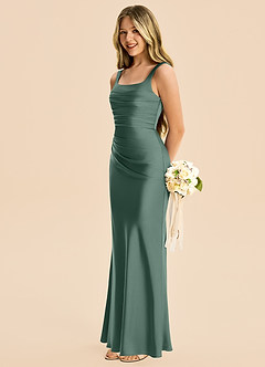 Azazie Agustina Junior Eucalyptus Sheath Pleated Stretch Satin Dress image5