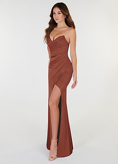 Azazie Yola Bridesmaid Dresses Auburn Sheath V-Neck Pleated Stretch Satin Convertible Dress image3