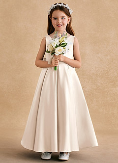 Azazie Honey Bear Flower Girl Dresses White Alabaster A-Line Pleated Matte Satin Dress image3