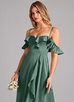 Azazie Lyra Bridesmaid Dresses Eucalyptus A-Line Off the Shoulder Stretch Satin Convertible Dress image7