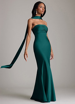 Azazie Saylor Vestidos de damas de honor Vestido de Pavo Real de Satén Elástico de Corte Sirena con Sin tirantes image10