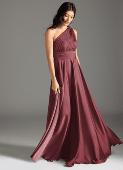 Azazie Charlize Abiti da Damigella Abito A-Line in Raso Elasticizzato Monospalla Merlot image3