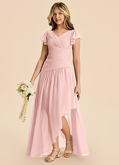 Azazie Pia Junior Powder Pink A-Line Pleated Chiffon Dress image1