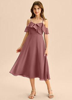 Azazie Kamilla Junior Abito A-Line in Chiffon a Spalla Scoperta Rosa Del Deserto image1