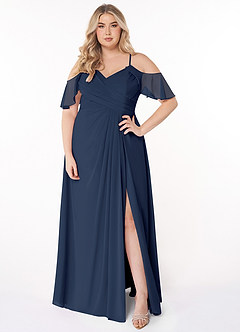 Azazie Dakota Bridesmaid Dresses Dark Navy A-Line V-Neck Pleated Chiffon Dress image6