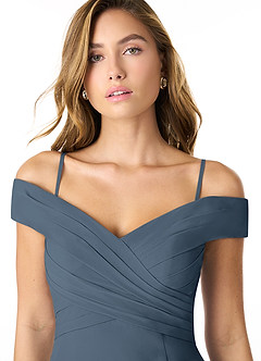 Azazie Lecia Abiti da Damigella Abito Convertibile Impero in Chiffon A pieghe con spalle scoperte Blu Nettuno image2