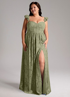 Azazie Denisse Vestidos de damas de honor Vestido de Pistacho de Devorado Floral de Corte en A con Volante image9