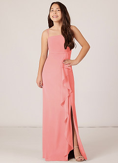 Azazie Kaylee Junior Coral A-Line with Belt Chiffon Dress image4