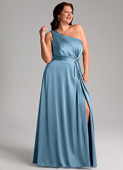 Azazie Brooke Vestidos de damas de honor Vestido de Azul Acero de Satén Elástico de Corte en A con Hombro unilateral image11
