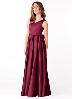Azazie Hathaway Junior Vestido Borgoña de Satén Elástico de Corte en A con Lazo image4
