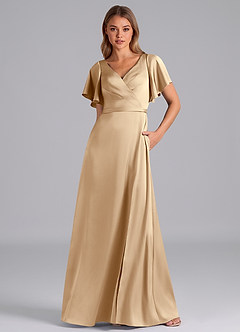 Azazie Ambrosia Bridesmaid Dresses Champagne A-Line Pleated Stretch Satin Dress image5