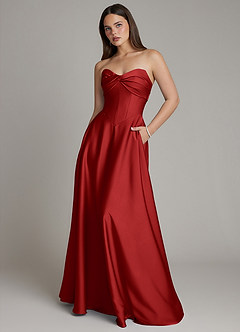 Azazie Meleena Bridesmaid Dresses Pomegranate A-Line Strapless Stretch Satin Dress image1
