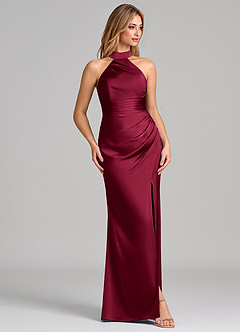 Azazie Karlotta Bridesmaid Dresses Burgundy Sheath Pleated Stretch Satin Dress image5