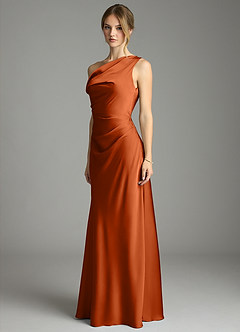 Azazie Emerson Bridesmaid Dresses Burnt Orange Mermaid Off the Shoulder Stretch Satin Dress image2