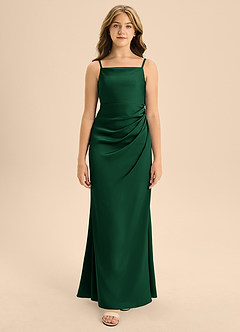 Azazie Renna Junior Robe Trapèze en Satin extensible Plissée Vert Foncé image6