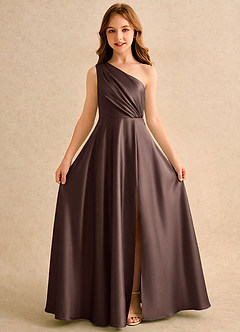 Azazie Puddles Girls Formal Robe Demoiselle D'honneur Fillette Robe Trapèze en Satin extensible Une épaule Ganache image5