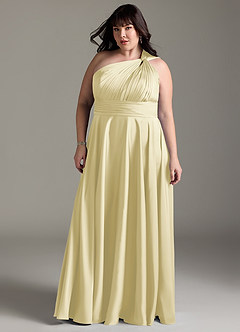 Azazie Charlize Bridesmaid Dresses Lemon Sorbet A-Line One Shoulder Stretch Satin Dress image13