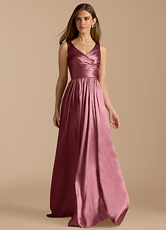 Azazie Keyla Bridesmaid Dresses Desert Rose A-Line Pleated Metallic Satin Dress image6