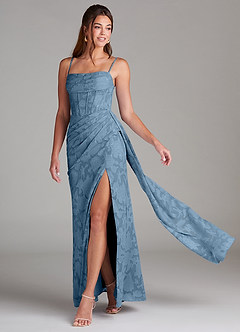 Azazie Denisa Bridesmaid Dresses Steel Blue Sheath Pleated Floral Burnout Dress image1