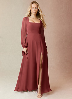 Azazie Leonia Abiti da Damigella Abito A-Line in Chiffon Maniche Lunghe Terracotta image7