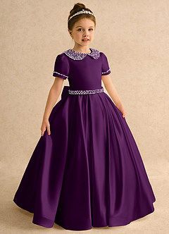 Azazie Gabriella Flower Girl Dresses Grape Ball-Gown with Sleeves Matte Satin Dress image5