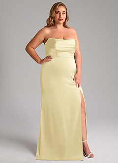 Azazie Saige Bridesmaid Dresses Lemon Sorbet Sheath Off the Shoulder Stretch Satin Dress image17