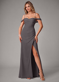 Azazie Haisley Bridesmaid Dresses Steel Grey Sheath Off the Shoulder Chiffon Convertible Dress image5