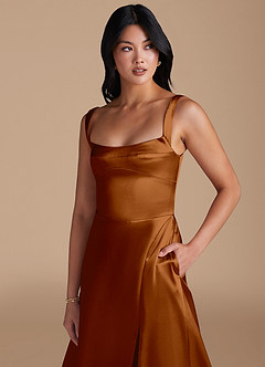 Azazie Hope Bridesmaid Dresses Copper A-Line with Pockets Metallic Satin Dress image3