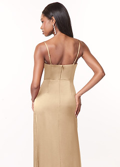 Azazie Maci Bridesmaid Dresses Champagne A-Line V-Neck Pleated Stretch Satin Dress image4