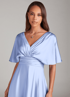 Azazie Pamela At-home Try On Dresses Black A-Line Pleated Stretch Satin Dress image4
