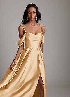 Azazie Loisa Abiti da Damigella Abito A-Line in Raso Elasticizzato a Spalla Scoperta Oro image3