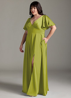 Azazie Kimber Bridesmaid Dresses Lemongrass A-Line Ruched Stretch Satin Dress image10