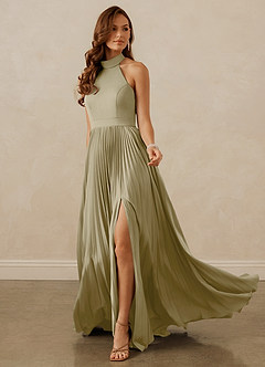 Christian Siriano Bridal for Azazie 1007 Bridesmaid Dresses Moss Green A-Line Pleated Stretch Satin Dress image3