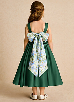 Azazie Doodlebug Blumenmädchenkleider A-Linie Schleifen Matte Satin Kleid Dunkelgrün image1