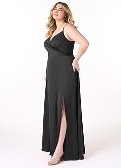 Azazie Dalilah Brautjungfernkleider A-Linie V-Hals Gefaltet Stretch-Satin Kleid Schwarz image8